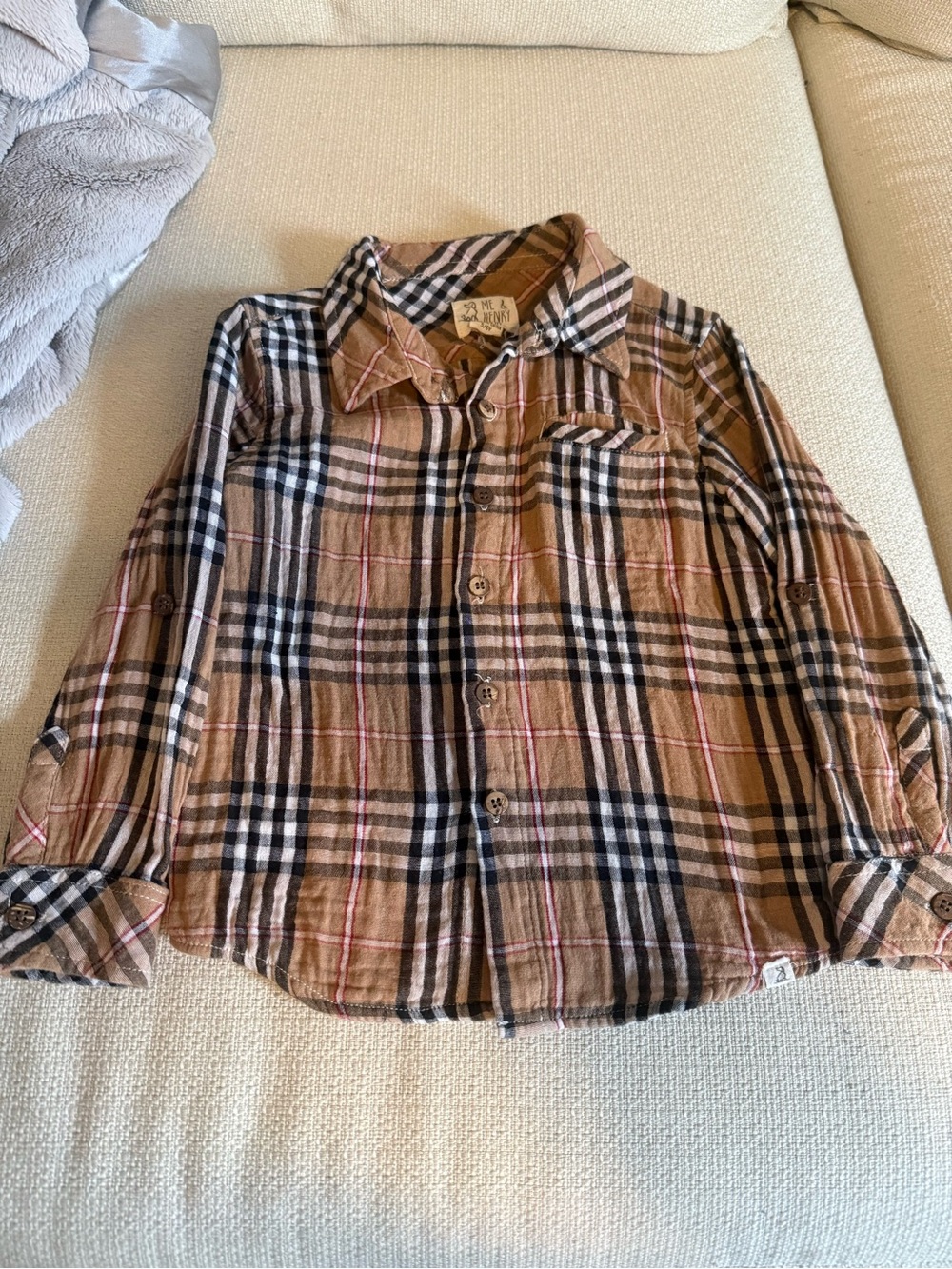 Kids Plaid Button-Down Shirt in Tan with Black and Pink Accents
